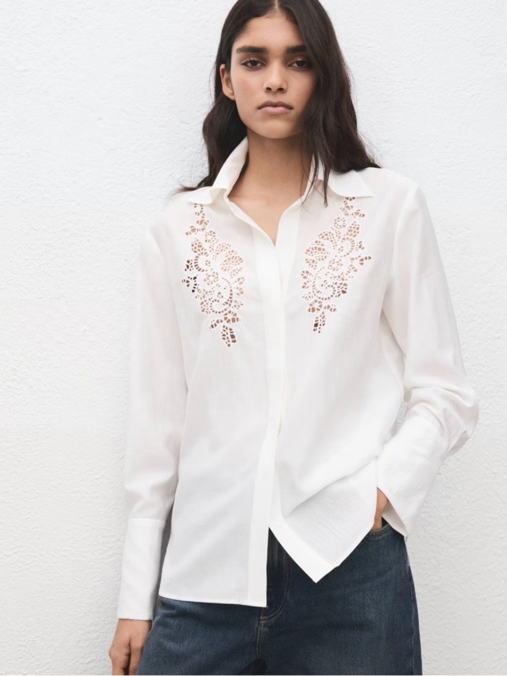 Mango White Embroidered Openwork Shirt Blouse Size 6
